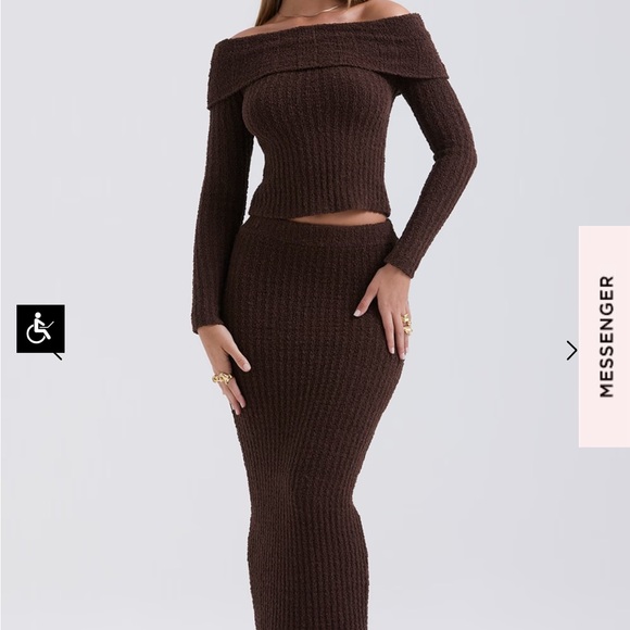 House of CB Brown “Saffron” Off Shoulder Knit Top and “Sloane” Skirt Set Small S - Picture 2 of 12